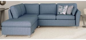 Trel Blue LHF Corner Sofa Breathable Linen Look Fabric With Solid Wooden Legs With A Limed Oak Finish