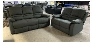 Alexa 3 Seater Manual Recliner With 2 Seater Static Grey Fabric Sofa Set With Drinks Holders