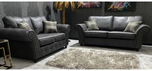 Harper Fabric Sofa Set 3 + 2 Seater Dark Grey Buffalo Suede With Studded Arms
