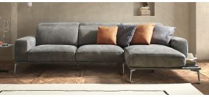Villeneuve Grey Electric Suede Chaise With Wooden Shelf And Chrome Legs Newtrend Available In A Range Of Leathers And Colours 10 Yr Frame 10 Yr Pocket Sprung 5 Yr Foam Warranty