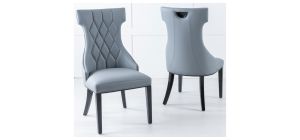 Tremiti Pair Of Grey Leather Quilted Dining Chairs With Black Lacquer Legs And Details