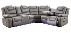 Oxford Grey RHF Leathaire Corner Sofa Electric Recliner With Adjustable Headrests Ambient LED Lighting USB Ports