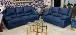 Virginia Blue Semi Aniline Electric 3 Seater Newtrend Recliner Plus 2 Static Sofa Ex-Display Showroom Model