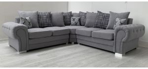 Verona Large Grey Round Arm Fabric Corner Sofa 2C2 With Chrome Legs And Scatter Back