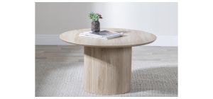 Renzo Oak Round Coffee Table with Fluted Ribbed Drum Base