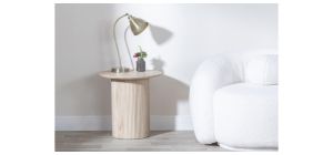 Renzo Oak Round End Table with Fluted Ribbed Drum Base