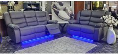 Roma Grey Bonded Leather 3 + 2 Sofa Set Electric Recliners With LED Lighting And USB 