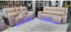 Savannah 3 + 2 Beige Luxury Fabric Electric Recliners With Drinks Holders And Storage With Blue LED Ambient Lighting Plus USB Charging