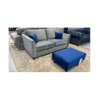 Grey Square Arm Plush Velvet 3 Seater + Blue Footstool With Wooden Legs Ex-Display Showroom Model 49642