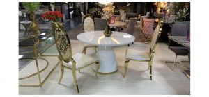 Atlanta White Gloss And Gold Round 1.2m Dining Table With 3 Gold And Pu Chairs(chairs h115cm d55cm w55cm) Ex-Display Showroom Model