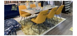 Fl Vertiso 2m Extending Ceramic Dining Table with 6 Mustard With Black Piping Bonded Leather Chairs (w:55 d:55 h:90cm)