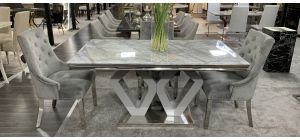 Majestic Marble And Chrome 1.6m Dining Table With 6 Grey Studded Fabric Chrome Leg Chairs (w:58 D:63 H:100cm)
