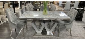 Majestic Marble And Chrome 1.6m Dining Table With 4 Grey Studded Fabric Chrome Leg Chairs (w:58 D:63 H:100cm)