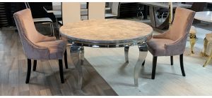Round 1.3m Marble And Chrome Dining Table With 4 Studded Fabric Lilac Chrome Leg Chairs (w:57 D:57 H:100cm)