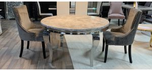 Round 1.3m Marble And Chrome Dining Table With 4 Studded Fabric Grey Chrome Leg Chairs (w:57 D:57 H:100cm)