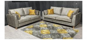 Vincent 32 Grey Velour Fabric Sofa Set With Oak Wood Frame - Foam Seats - Wooden Legs And Scatter Cushions