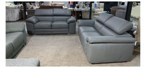Moran Grey Corrected Grain Leather 3 + 2 Sofa Set With Adjustable Headrests