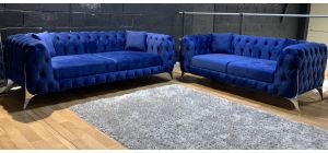 Sandringham Blue Soft Velvet 3 + 2 Sofa Set With Chrome Legs 48819
