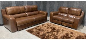Lucca Brown Leather 4 + 2 Electric Recliners Sisi Italia Semi-Aniline With Wooden Legs - Slight Colour Fade (see images) Ex-Display Showroom Model 48863