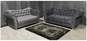 Lorraine Grey Fabric 3 + 2 Sofa Set With Studded Arms And Wooden Legs Ex-Display Showroom Model 48927