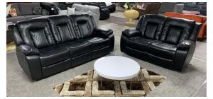 Panther Black Diamond Pattern Leathaire 3 + 2 Manual Recliner Sofa Set With Drinks Holder