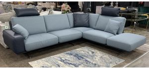 New Trend Fabric And Semi-Aniline Leather Blue RHF Fabric Corner Sofa With Chrome Legs