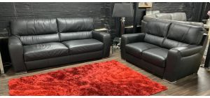 Lucca Black Leather 3 + 2 Sofa Set Sisi Italia Semi-Aniline With Wooden Legs Ex-Display Showroom Model 49352