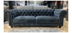 Chesterfield Navy Blue Plush Velvet 4 Seater Fabric Sofa With Wooden Legs Ex-Display Showroom Model 49641