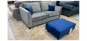 Grey Square Arm Plush Velvet 3 Seater + Blue Footstool With Wooden Legs Ex-Display Showroom Model 49642