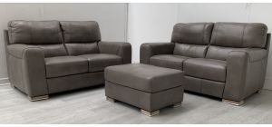 Lucca Grey Leather 2 + 2 + Footstool Sisi Italia Semi-Aniline With Wooden Legs Ex-Display Showroom Model 50331