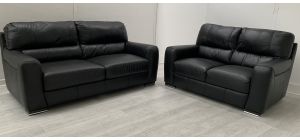 Lucca Black Leather 3 + 2 Sofa Set Sisi Italia Semi-Aniline With Wooden Legs Ex-Display Showroom Model 50339