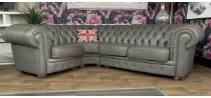 Handmade Italian Newtrend Chesterfield 1c2 Lhf Grey Semi Aniline Corner Sofa With Wooden Legs