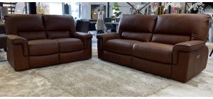 Legacy 3 Seater Electric + 2 Seater Static New Trend Brown Semi Aniline Sofa Set With Contrast Stitching And Black Piping