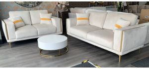 Maine 3 + 2 + 1 Cream Plush Velvet Fabric Sofa With Metal Legs And Arm Trim Ex-Display Showroom Model 50665