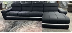 Kadie Rhf Black With White Trim Bonded Leather Corner Sofa With Wooden Legs And Adjustable Headrests