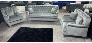 Hoxton 3 + 2 + 1 Grey Soft Velvet Sofa Set Studded With Chrome Legs