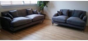 Fiore 3 + 2 Grey Plush Velvet Fabric With Ruffled Effect On Front Arm And Wooden Feet With Castor Wheels(front)