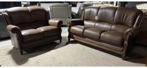 Mini Divani 3 + 2 Brown Round Arm Leather Sofa Set With Wooden Frame