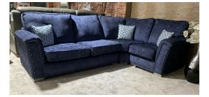 Keaton Rhf Blue Fabric Corner Sofa With Studded Arms And Chrome Legs Ex-Display Clearance Model 50902