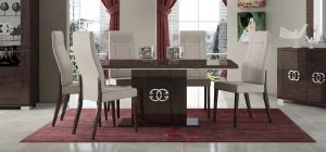 Prestige Warm Umber Birch 1.8m (Extending to 225cm) Dining Table With Six Cream Chairs With Metal Logo