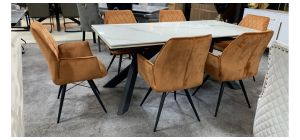 Ceramic 1.8m Extending Dining Table To 2.8m With 6 Burnt Orange Plush Velvet Chairs (w58cm, d60, h90)