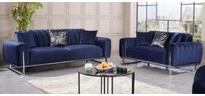 Luxus Blue Velvet 3 + 2 Seater Sofa Set With Chrome Legs