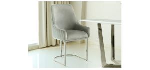 Enris Cream And Silver Plush Velvet Fabric Dining Chair With Metal Legs