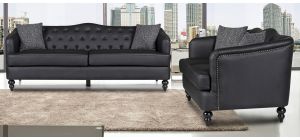 Adam Black Bonded Leather 3 + 2 Sofa Set With Studded Arms And Wooden Legs