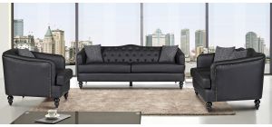 Adam Black Bonded Leather 3 + 2 + 1 Sofa Set With Studded Arms And Wooden Legs