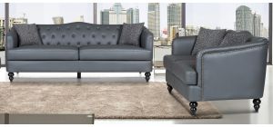 Adam Grey Bonded Leather 3 + 2 Sofa Set With Studded Arms And Wooden Legs