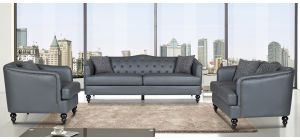 Adam Grey Bonded Leather 3 + 2 + 1 Sofa Set With Studded Arms And Wooden Legs
