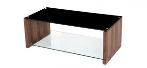 Atlanta Coffee Table Walnut Paper Finish with Black Glass Top and Clear Glass Shelf