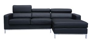 Cuno Black RHF Bonded Leather Corner Sofa With Adjustable Headrests And Chrome Legs