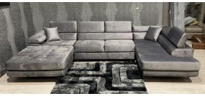 Denver Grey U-Shaped Velour Fabric Corner Sofabed With Ottoman Storage - Adjustable Headrests And Chrome Legs